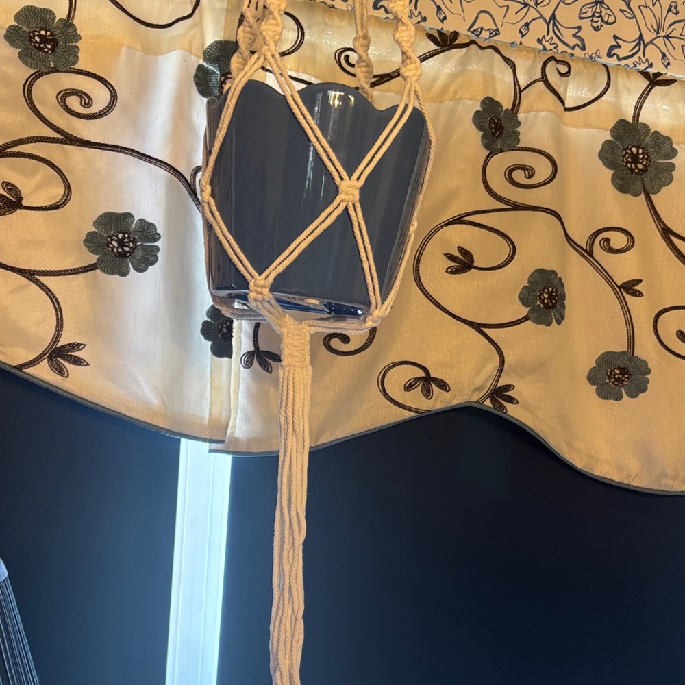 Blue Ceramic Hanging Planter with Macrame Rope